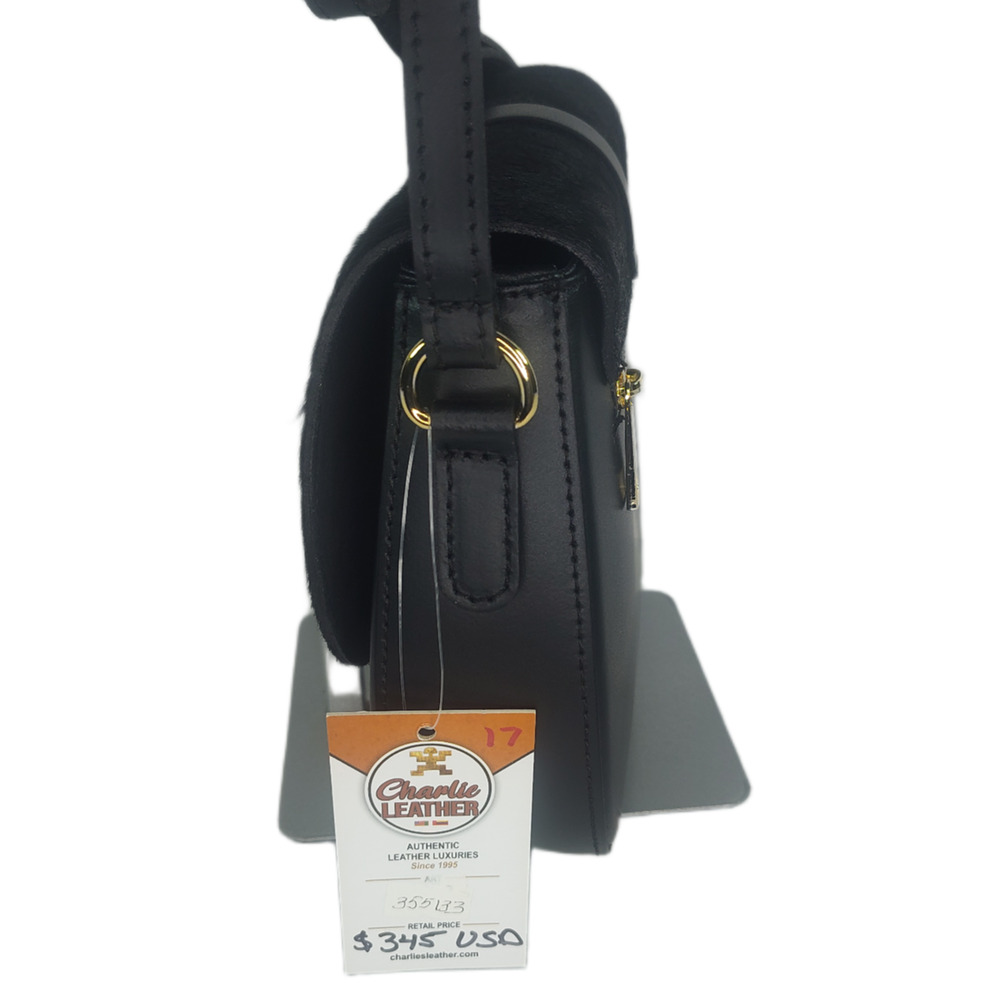 Charlie Leather Mack Black Leather & Black Fur Small Half Moon Crossbody Bag-NWT - Picture 5 of 12